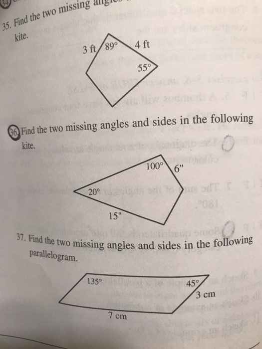 Solved 35. Find the two missing ll kite. 3 ft/89。 ,4 ft 550 | Chegg.com