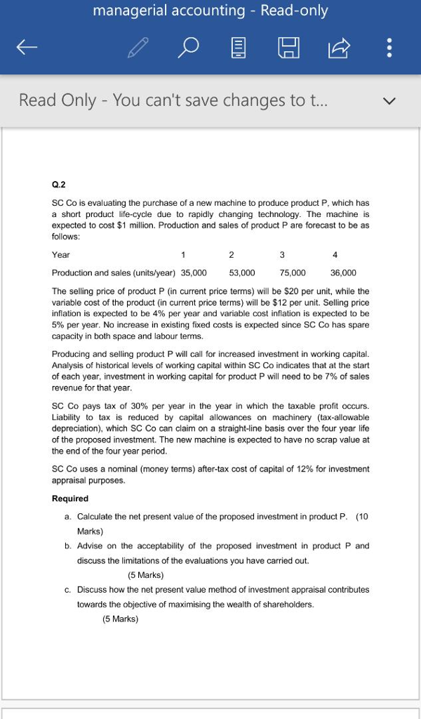 Solved managerial accounting - Read-only Read Only - You | Chegg.com