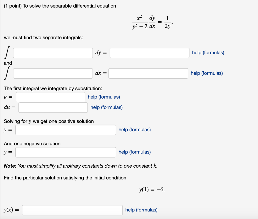 Solved (1 point) To solve the separable differential | Chegg.com