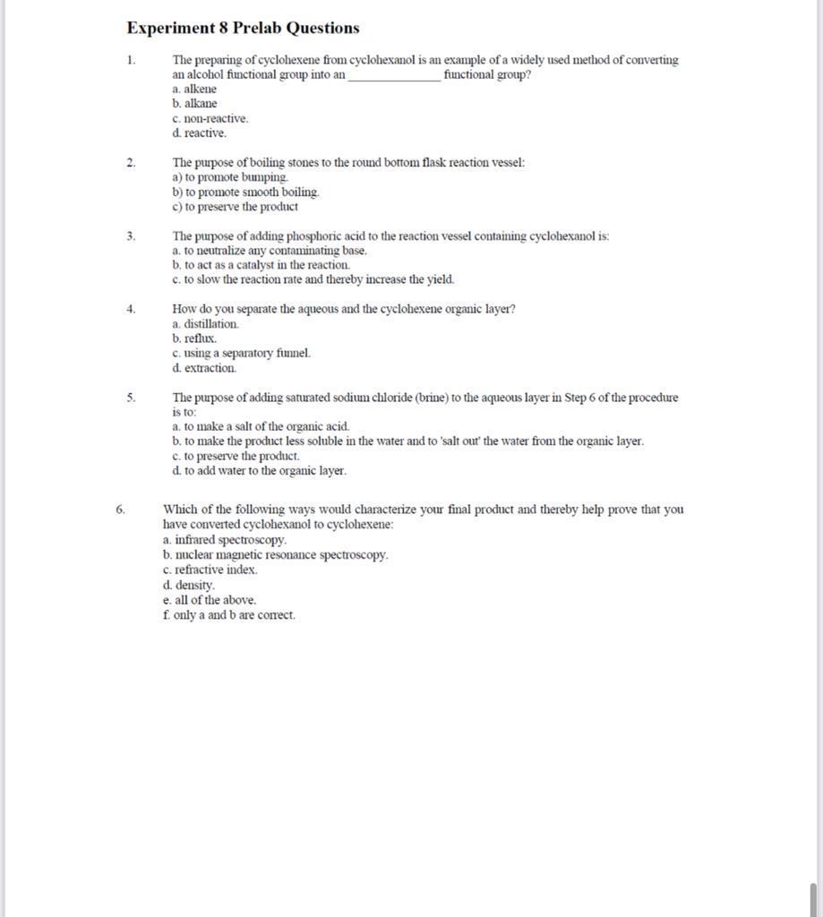 Solved Experiment 7 Prelab Questions 1. Which of the | Chegg.com