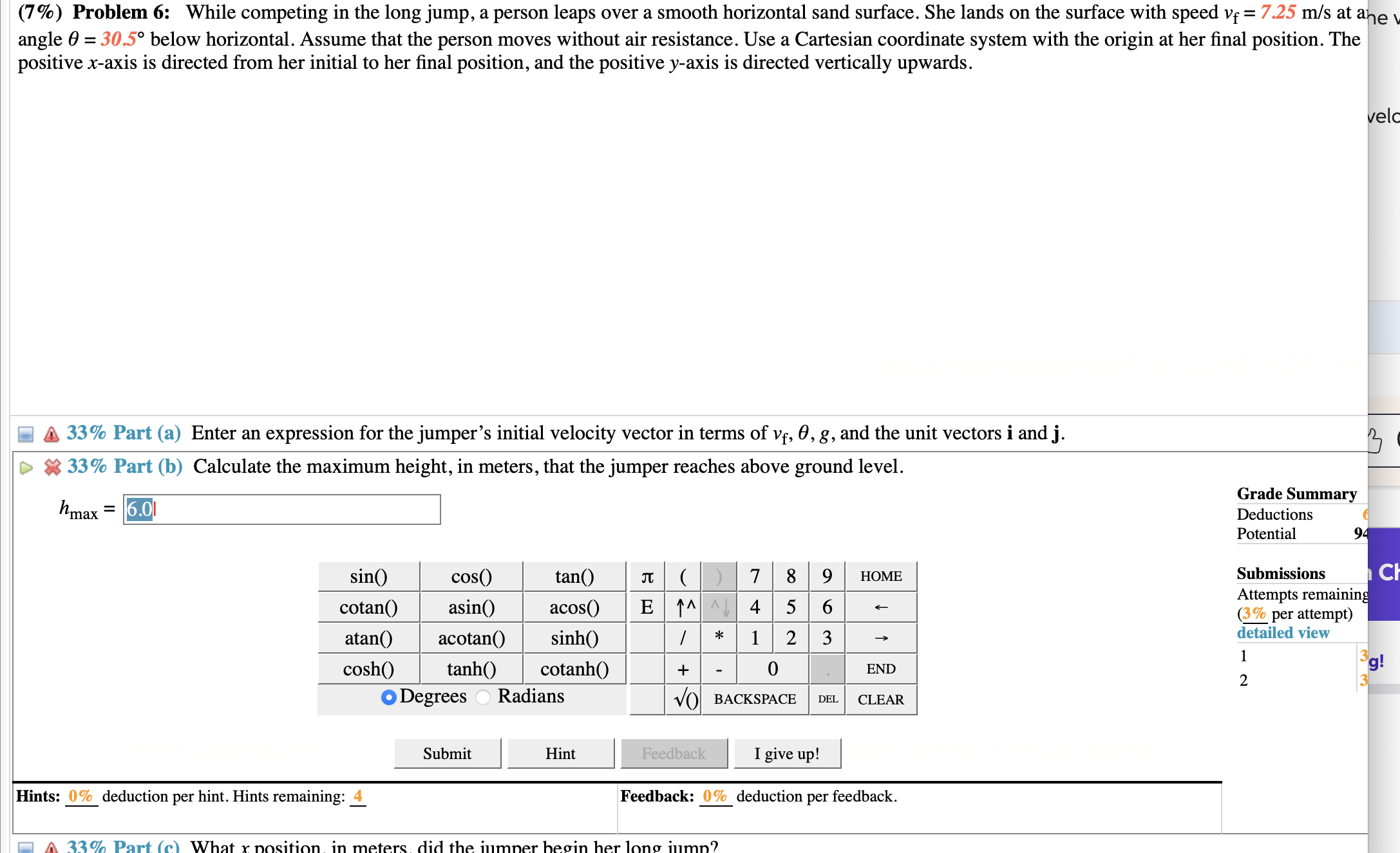 Solved (7\%) Problem 6: While competing in the long jump, a | Chegg.com