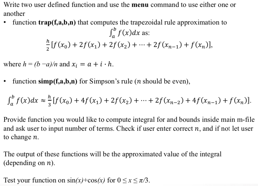 Solved Write Two User Defined Function And Use The Menu C Chegg Com