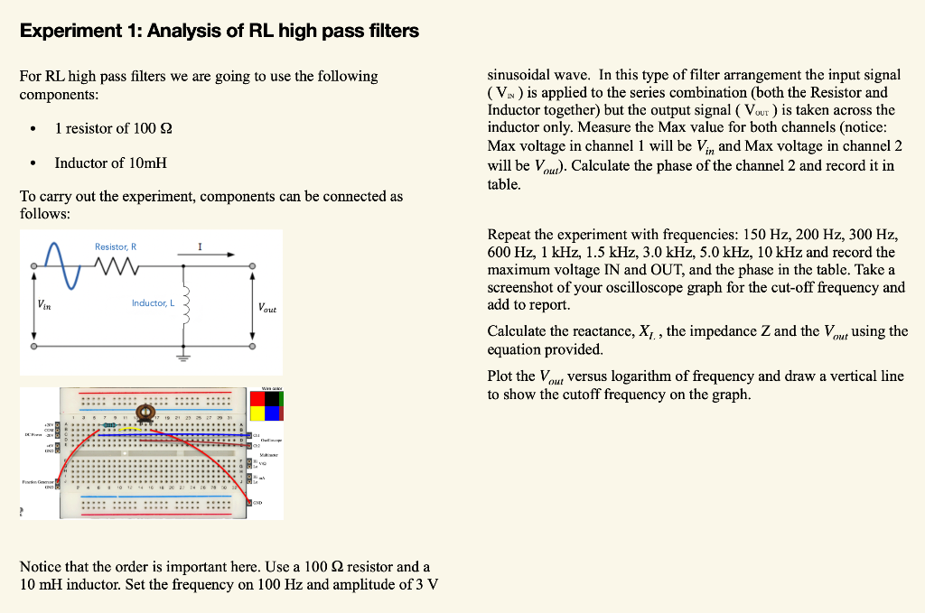 Experiment 1 Analysis of RL high pass filters For RL