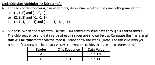 Solved Code Division Multiplexing (20 points). A. For each | Chegg.com