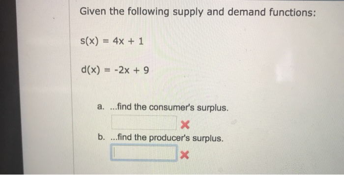 Solved Given the following supply and demand functions: s(x) | Chegg.com