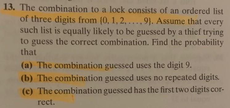Solved 13. The combination to a lock consists of an ordered | Chegg.com