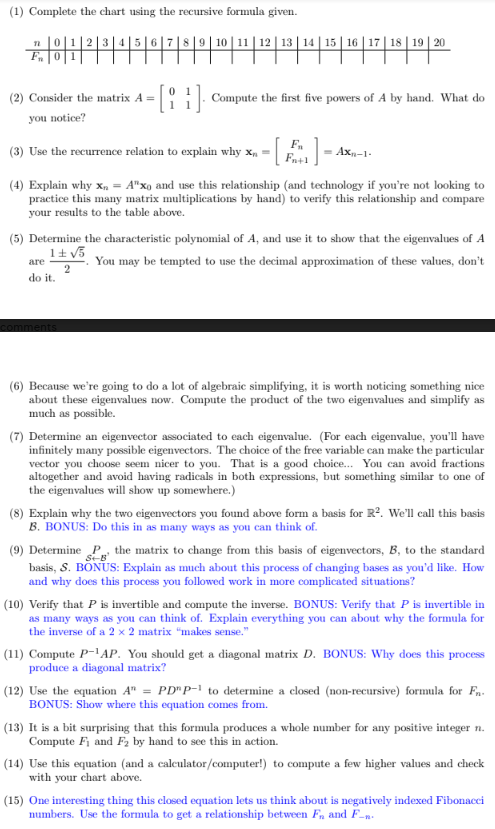 (1) Complete the chart using the recursive formula | Chegg.com