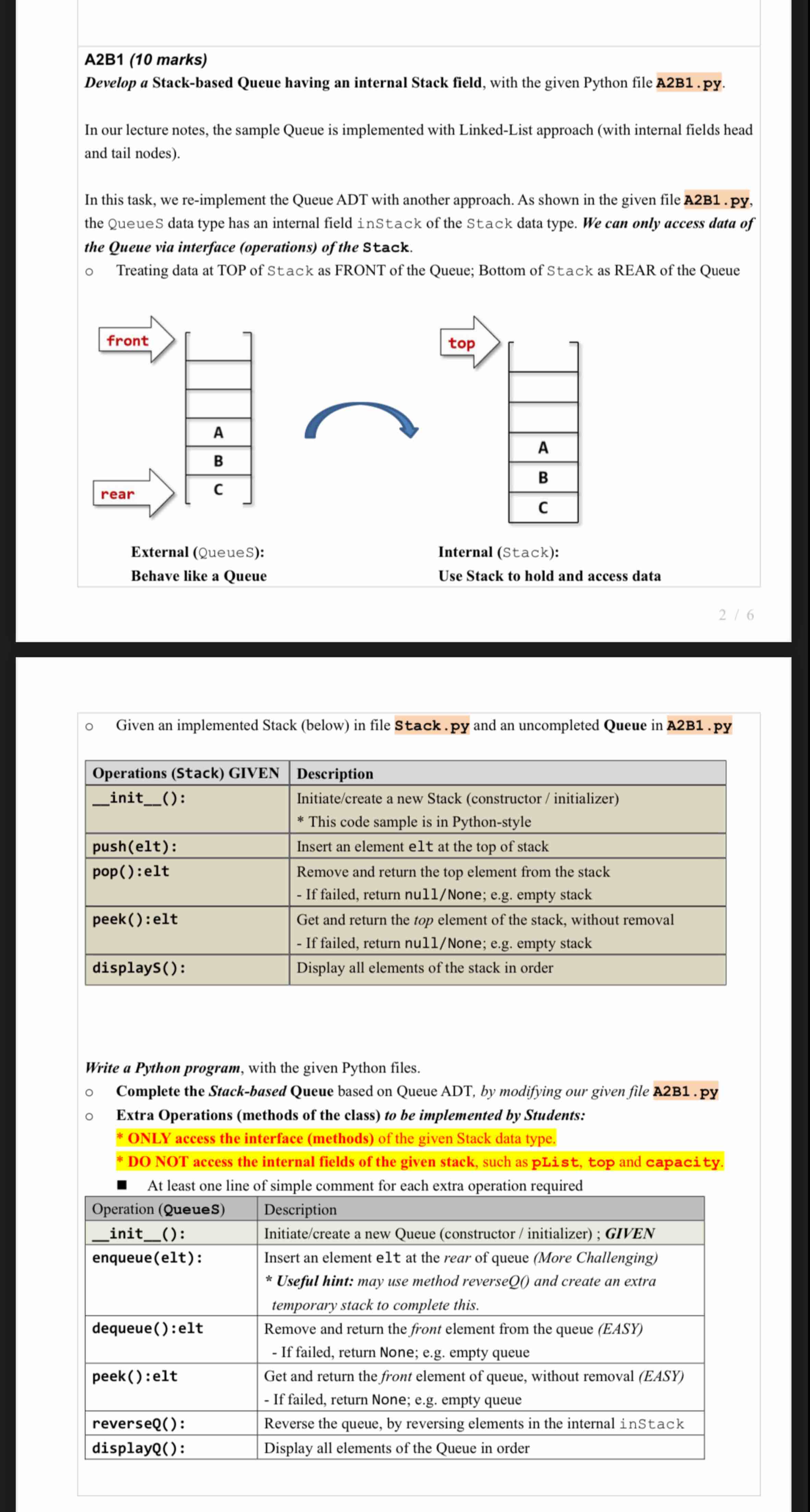 Solved A2B1 (10 ﻿marks) ﻿Develop a Stack-based Queue having | Chegg.com