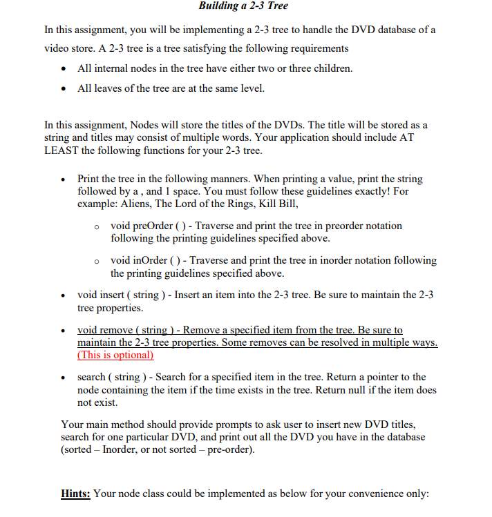 Solved Building a 2-3 Tree In this assignment, you will be | Chegg.com
