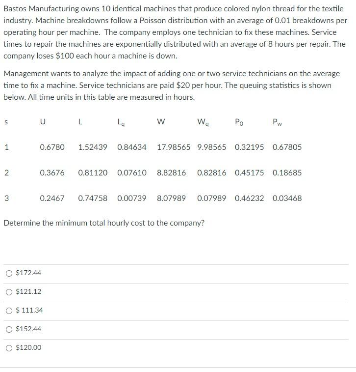 [Solved] Bastos Manufacturing owns 10 identical machines