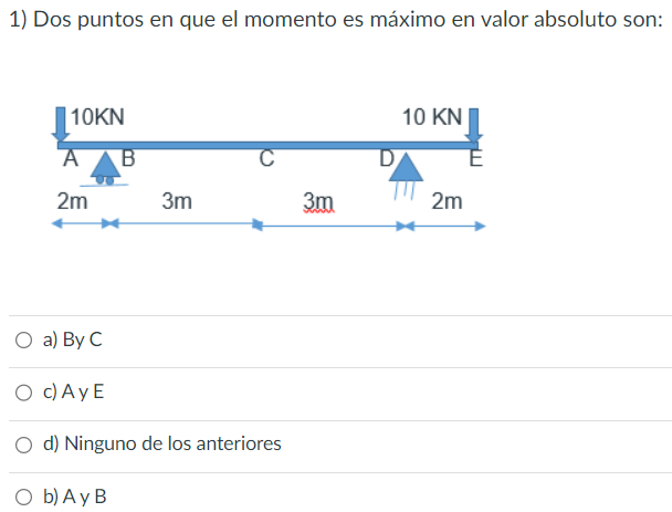 1) Dos puntos en que el momento es máximo en valor absoluto son: a) By C c) A y E d) Ninguno de los anteriores b) A y B