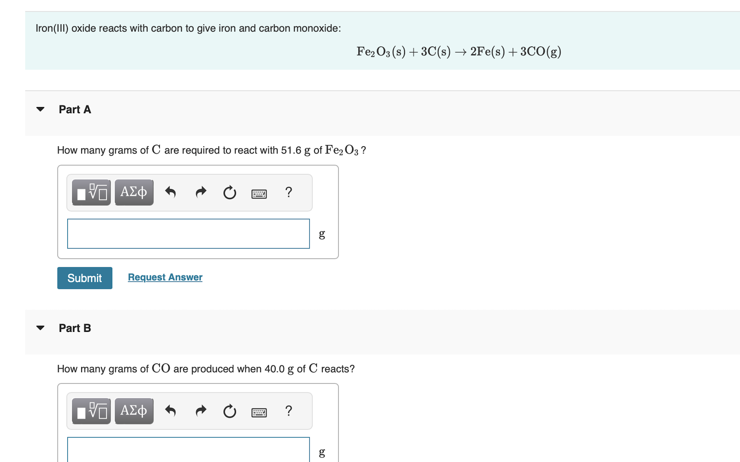 Solved Iron(III) oxide reacts with carbon to give iron and