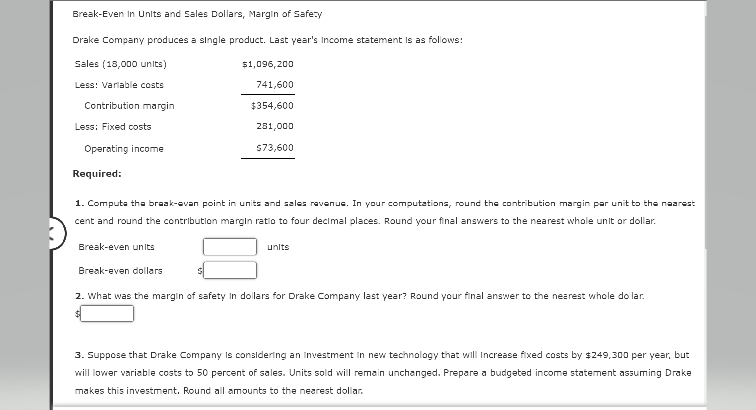 Solved Break-Even In Units And Sales Dollars, Margin Of | Chegg.com