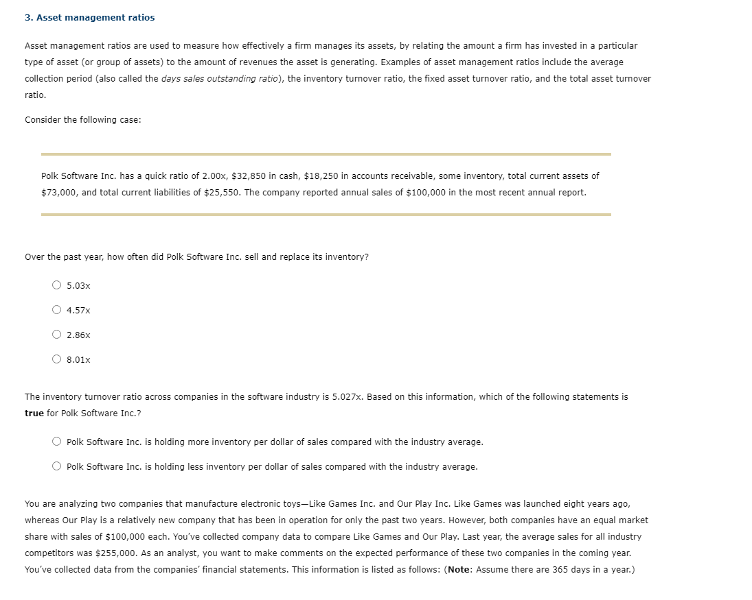 Solved 3. Asset management ratios Asset management ratios