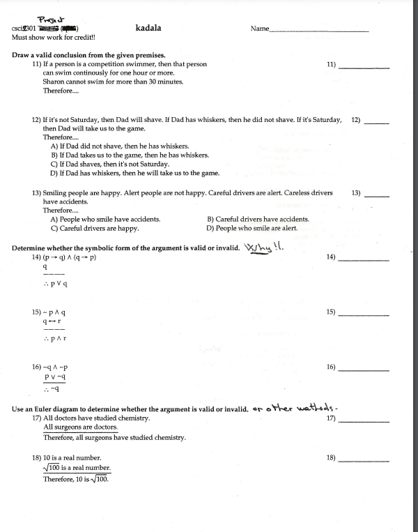 Solved Pregent csci2301 kadala Name Must show work for | Chegg.com