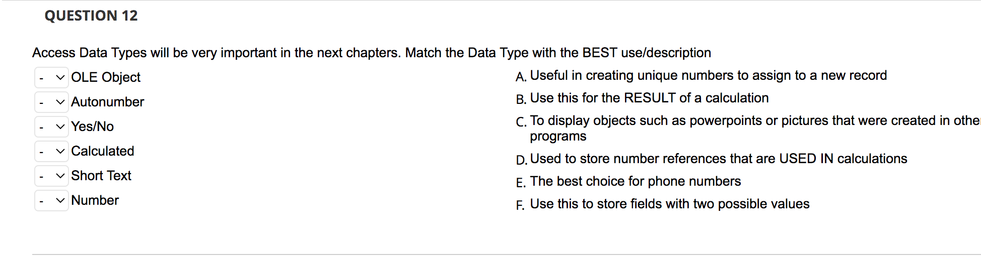 Access Data Types will be very important in the next chapters. Match the Data Type with the BEST use/description
OLE Object
A