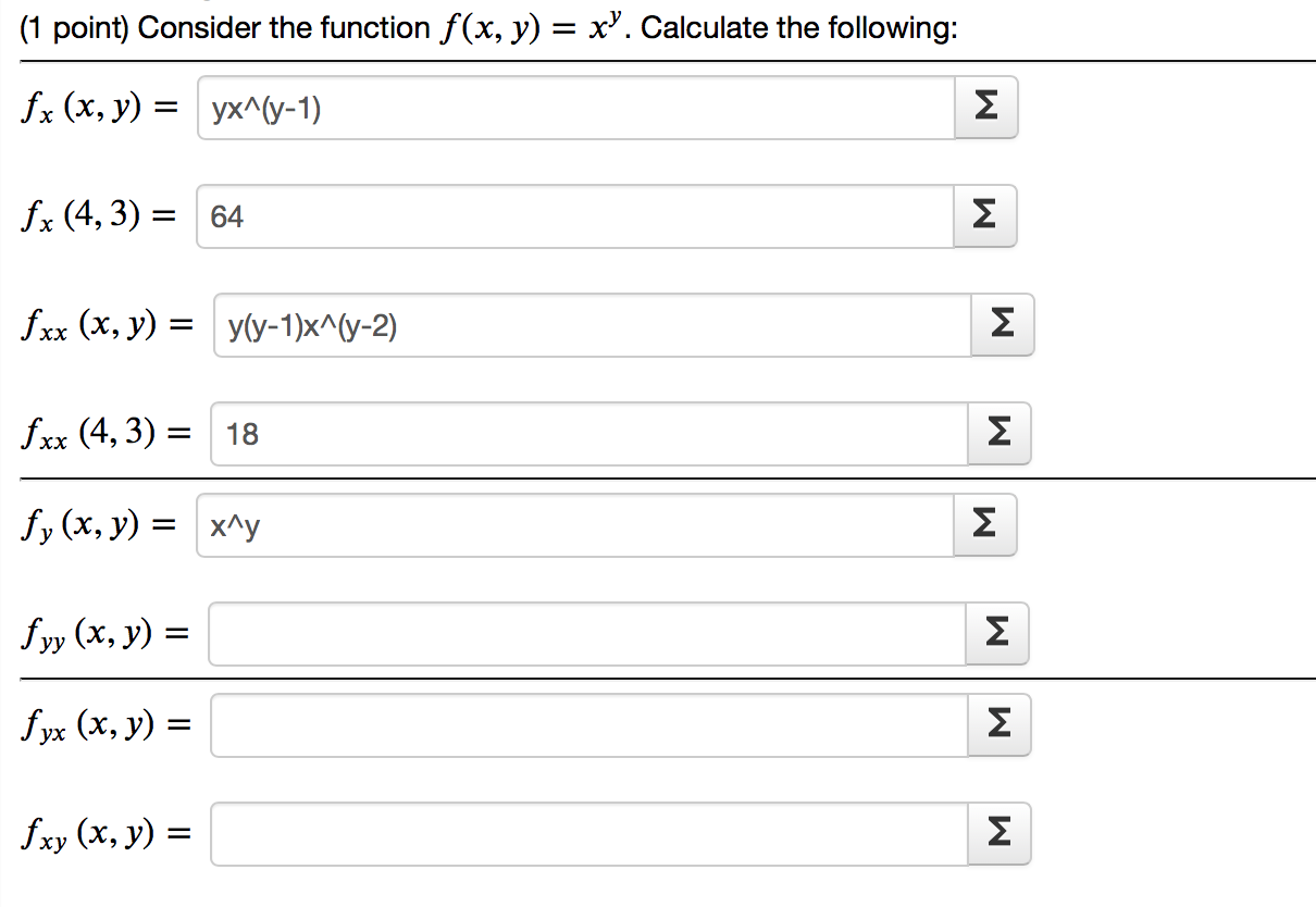 Solved (1 point) Consider the function f(x, y) = x'. | Chegg.com