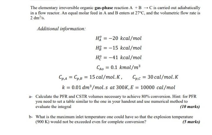 Solved The Elementary Irreversible Organic Gas-phase | Chegg.com