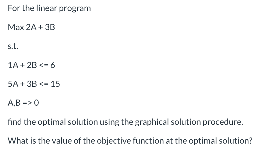 Solved For the linear program Max 2A + 3B s.t. 1A + 2B