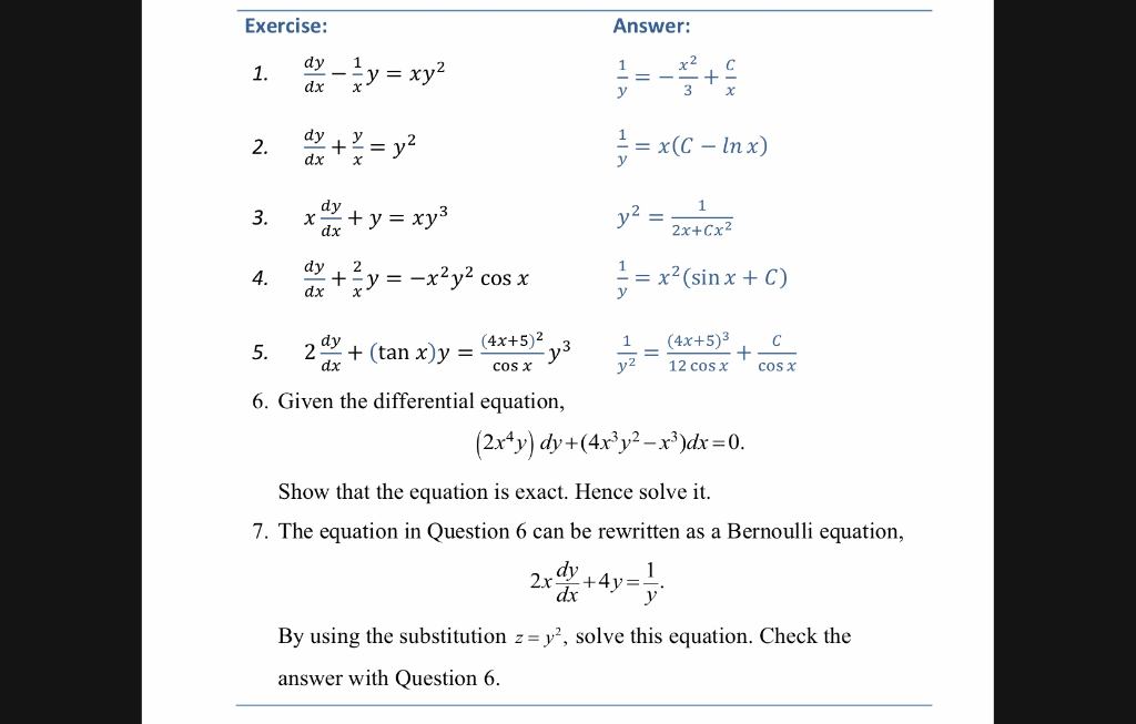 Solved Exercise Answer 1 1 Dy Dx Y Xy2 Y 2 Dy Dx Chegg Com