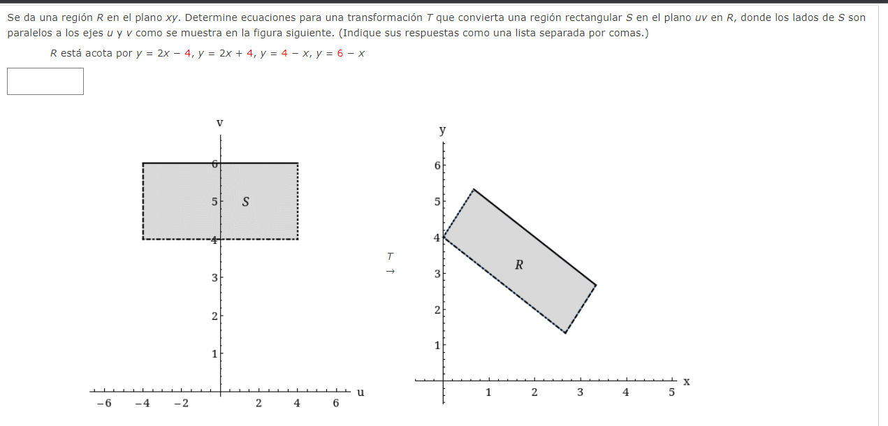 Se da una región \( R \) en el plano \( x y \). Determine ecuaciones para una transformación \( T \) que convierta una región