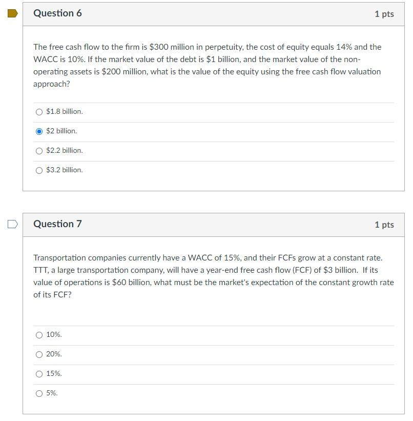 Solved Question 6 1 Pts The Free Cash Flow To The Firm Is Chegg