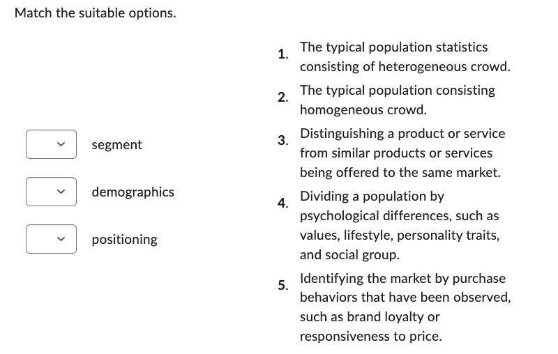 Solved Match the suitable options. 1. The typical population | Chegg.com