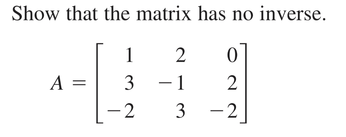 Solved Show that the matrix has no inverse. | Chegg.com