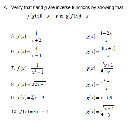 Solved A. Verify that fand g are inverse functions by | Chegg.com