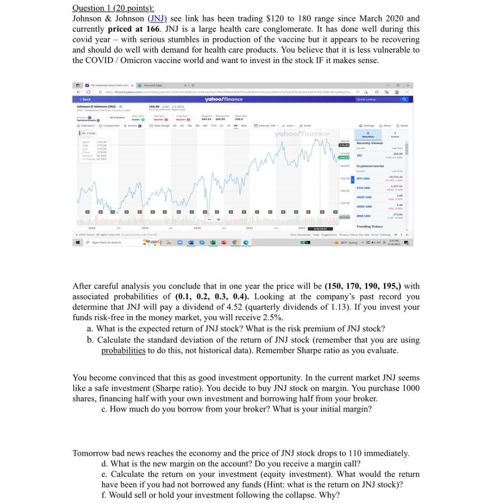 Question 1 (20 points): Johnson \& Johnson (JNJ) see | Chegg.com