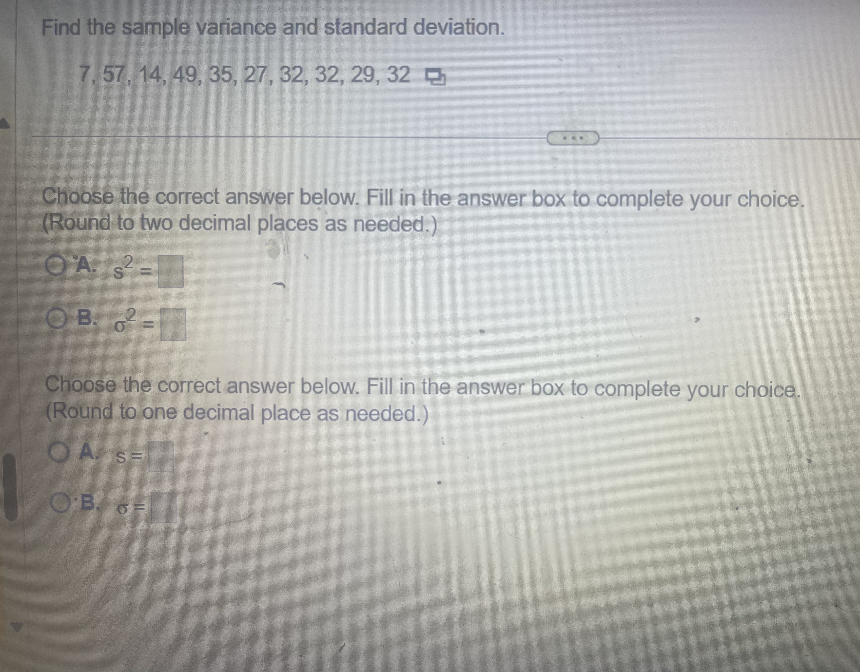 Solved Find the sample variance and standard | Chegg.com