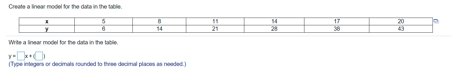 Solved Create a linear model for the data in the table. х 5 | Chegg.com