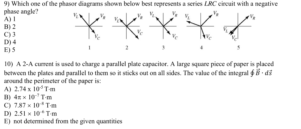 Solved 9) Which one of the phasor diagrams shown below best | Chegg.com