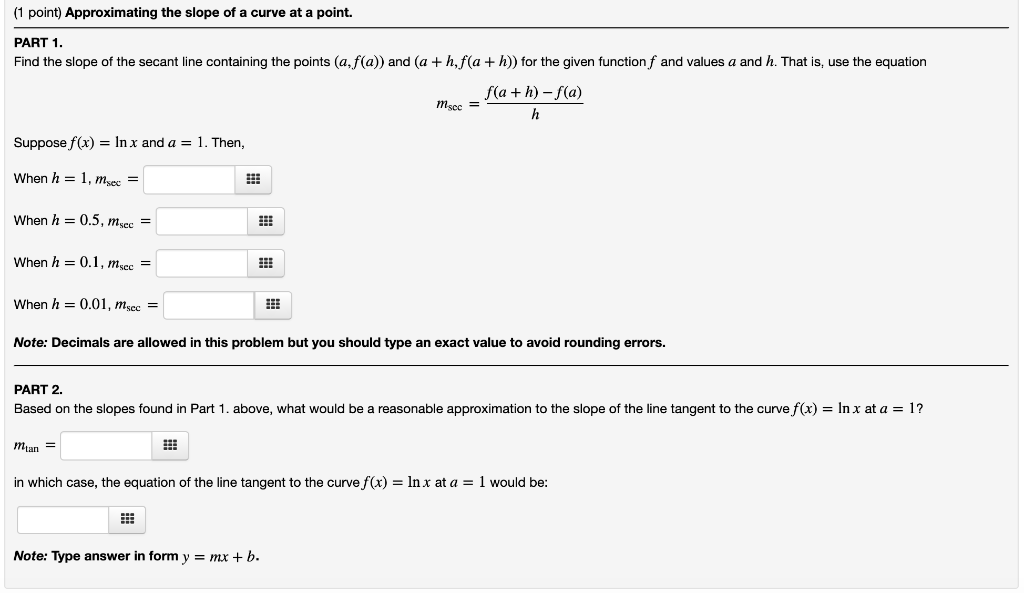 Solved (1 point) Approximating the slope of a curve at a | Chegg.com