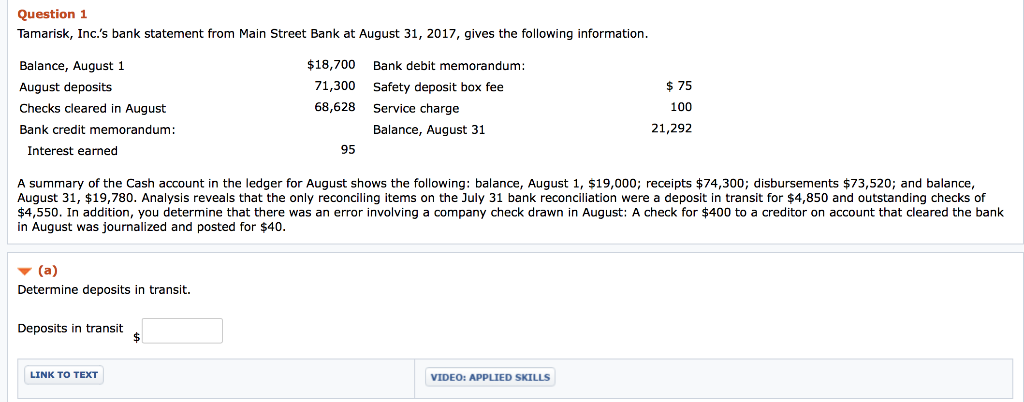 Solved Question 1 Tamarisk, Inc.'s bank statement from Main | Chegg.com