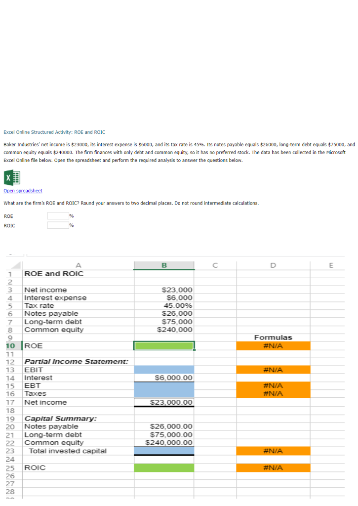 Solved Excel Online Structured Activity ROE and ROIC Baker