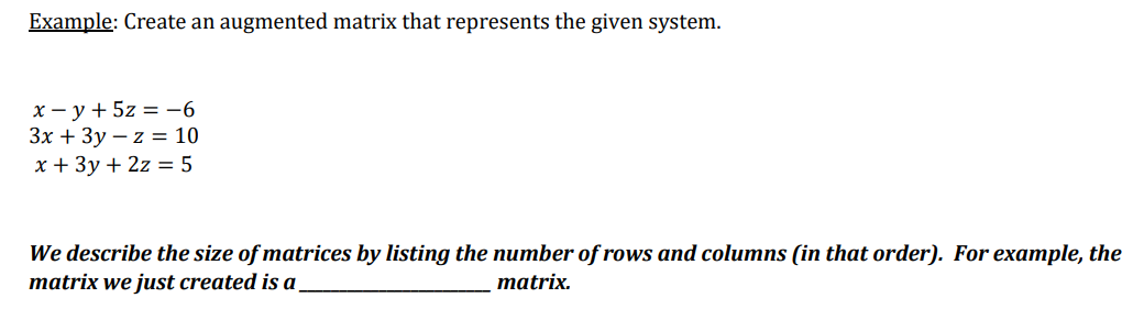 Solved Example: Create an augmented matrix that represents | Chegg.com
