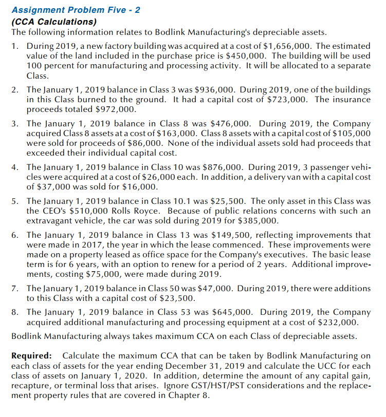 Assignment Problem Five - 2 (CCA Calculations) The | Chegg.com