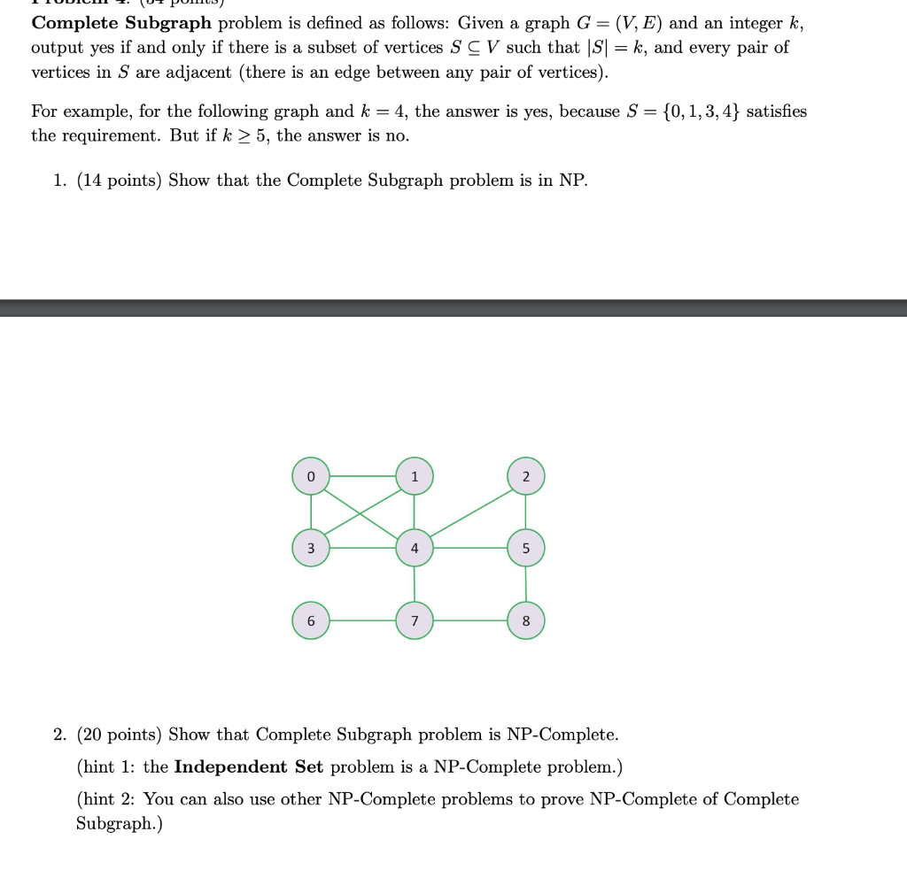 Solved Complete Subgraph problem is defined as follows: | Chegg.com