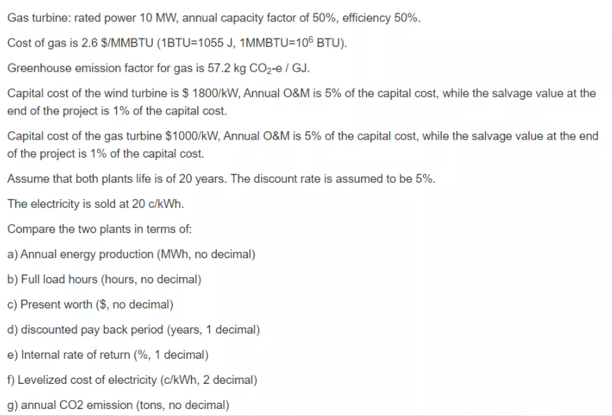 Gas turbine rated power 10 MW annual capacity Chegg