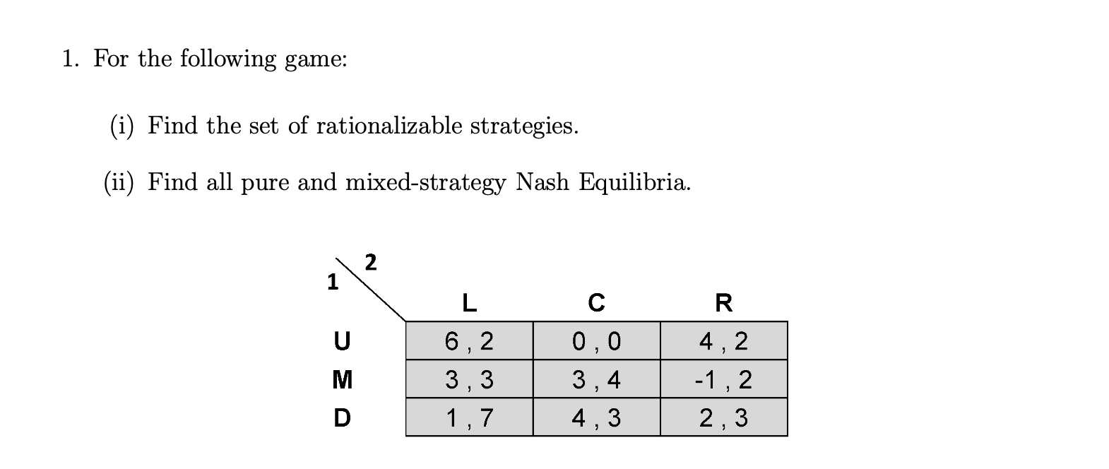 Solved 1. For the following game (i) Find the set of
