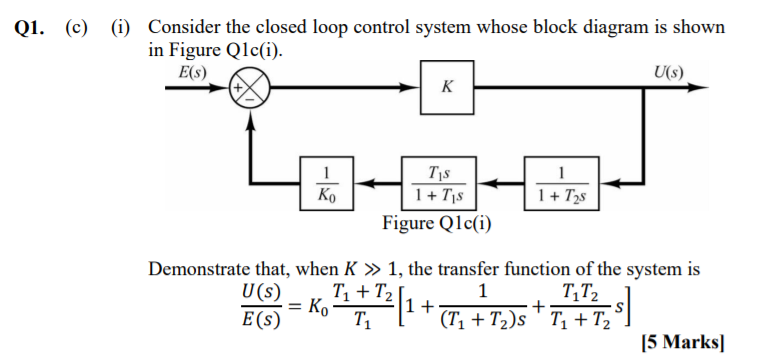 Solved Q1. (c) (i) Consider the closed loop control system | Chegg.com
