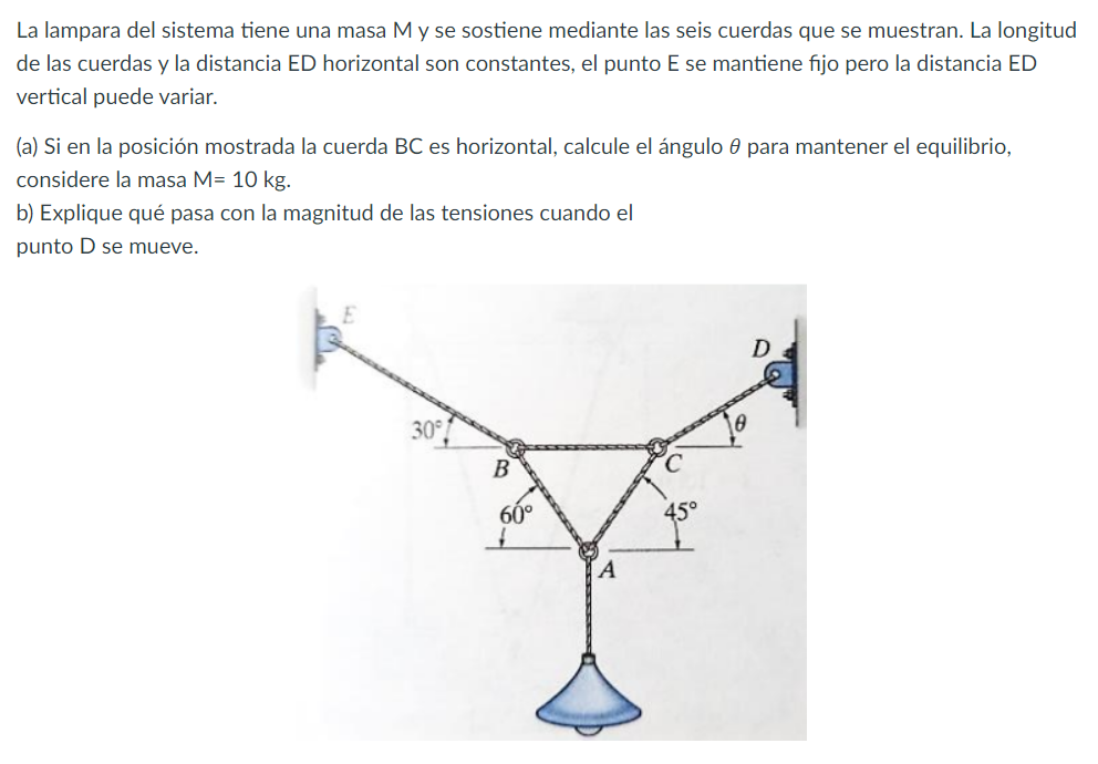 La lampara del sistema tiene una masa M y se sostiene mediante las seis cuerdas que se muestran. La longitud de las cuerdas y