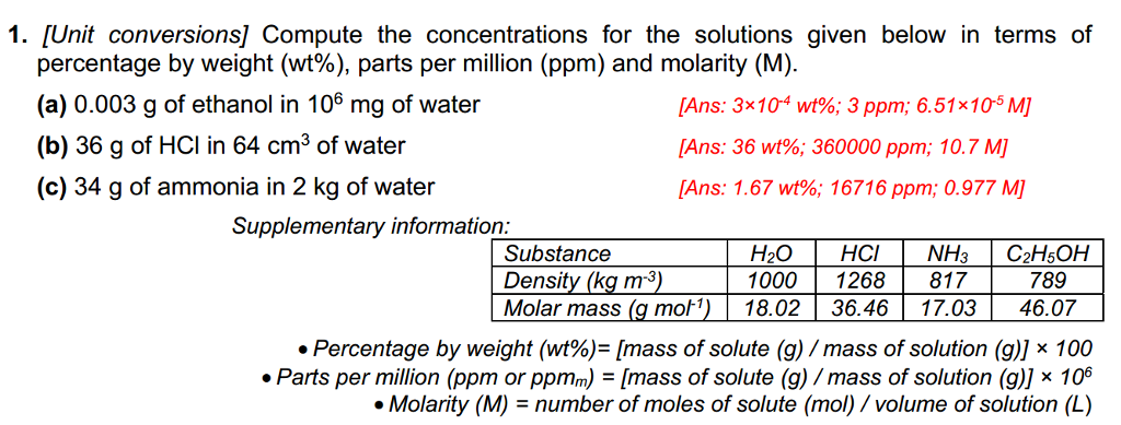 Solved 1. [Unit conversions] Compute the concentrations for | Chegg.com