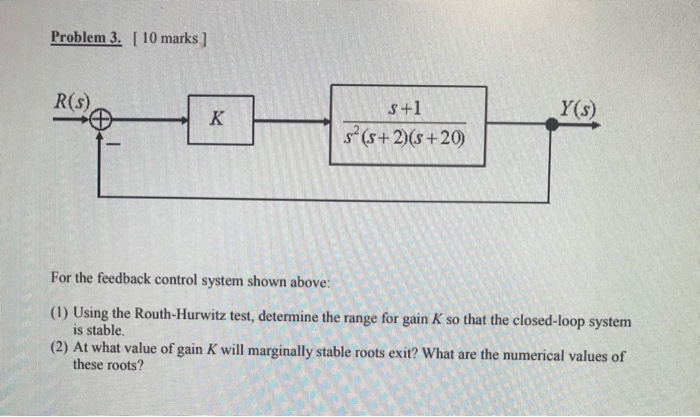 Solved Problem 3. [ 10 Marks ] R(s) Y(s) S(s+2)(s +20 For | Chegg.com