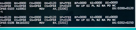 X=0000 BX 0000 CX=0000 DX-0120SP=FFEE BP-0000 SI=0000 DI=0000 bS=OF68 ES=OF68 SS-OF68 CS=OF68 IP=0103 NV UP ET PL NZ NA PO NC