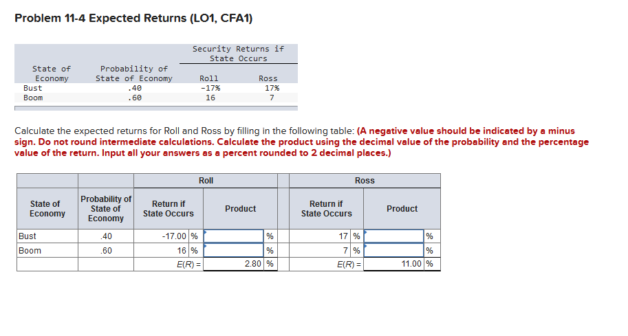 Problem 11-4 Expected Returns (LO1, CFA1) Calculate | Chegg.com