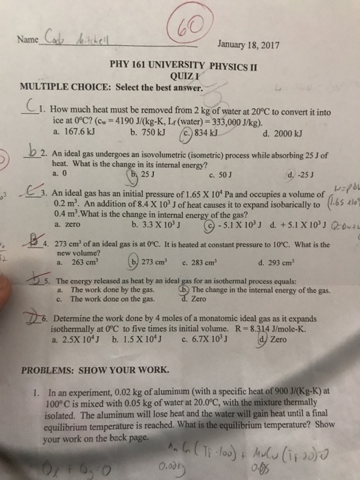 Solved Name January 18, 2017 PHY 161 UNIVERSITY PHYSICS II | Chegg.com
