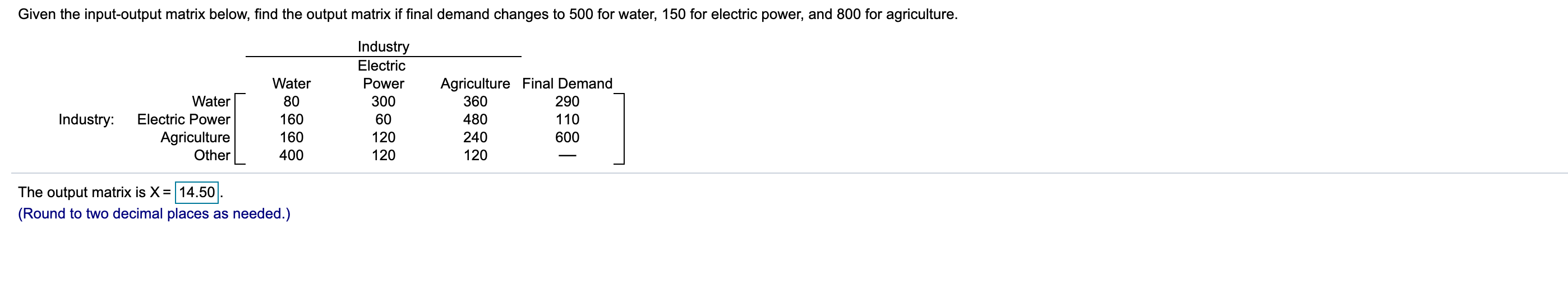 Solved Given the input-output matrix below, find the output | Chegg.com