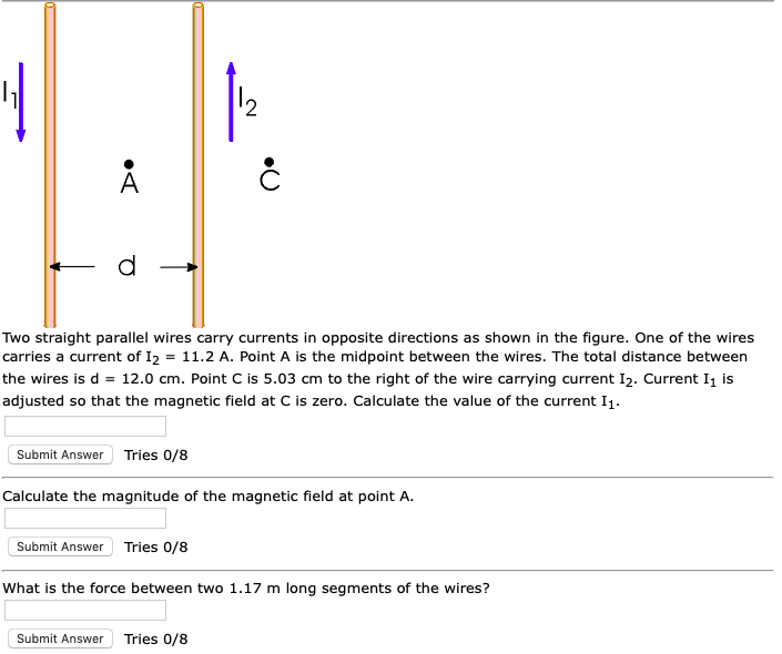 Solved Two straight parallel wires carry currents in | Chegg.com